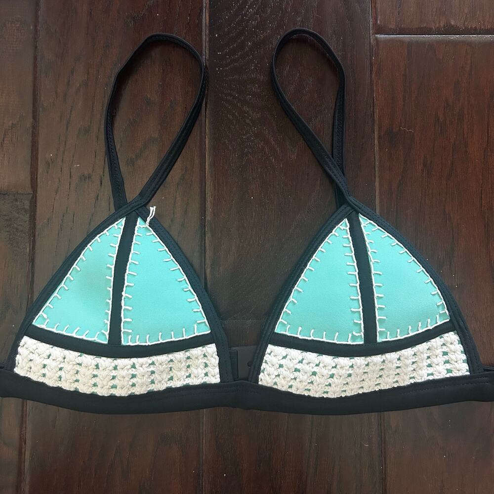 Y2K Seafoam Green Black White crochet bikini top Buckle back adjustable Festival